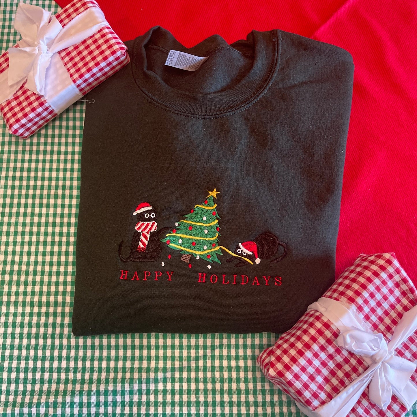 Happy Holidays Christmas Cat Embroidered Crewneck with custom coloured jumper