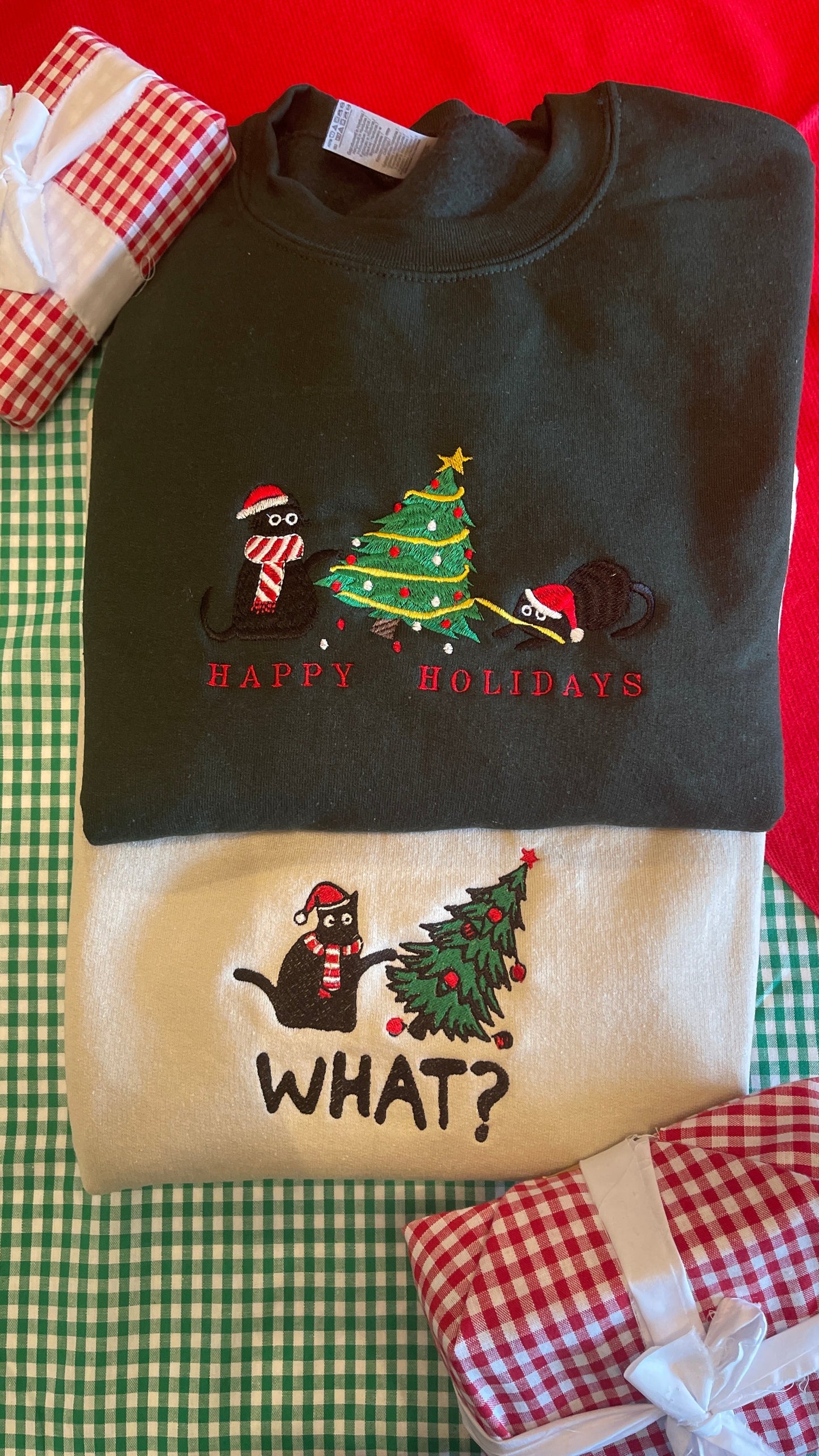 Happy Holidays Christmas Cat Embroidered Crewneck with custom coloured jumper