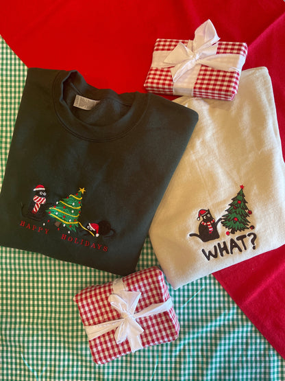 Happy Holidays Christmas Cat Embroidered Crewneck with custom coloured jumper