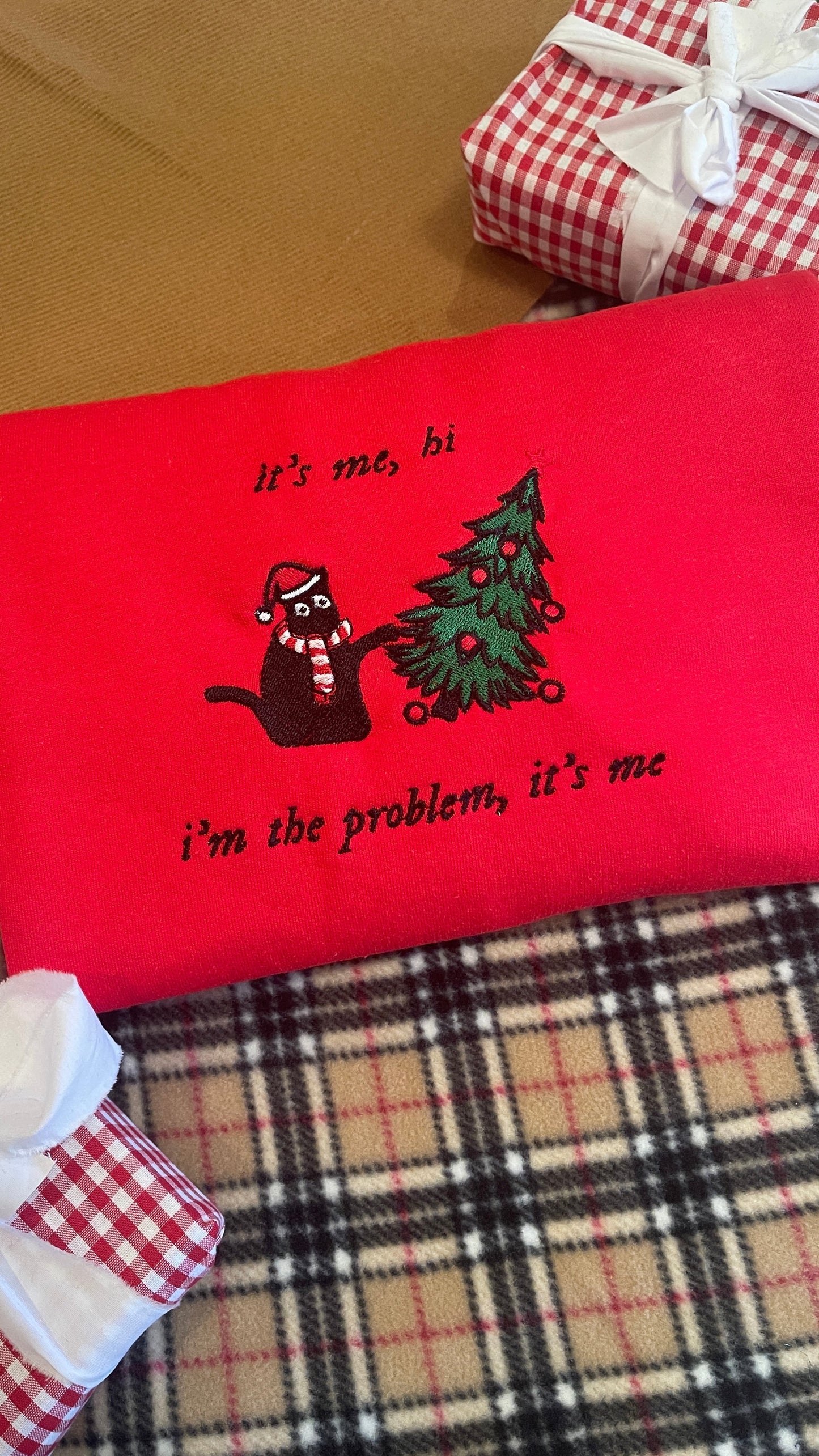 Its me, Hi Christmas Cat Embroidered Crewneck with custom coloured jumper