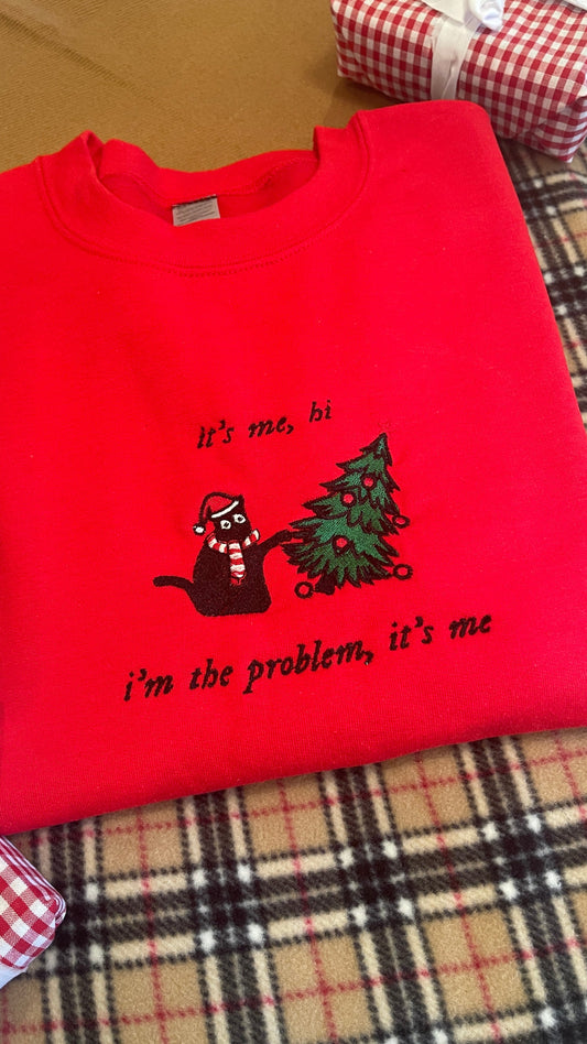 Its me, Hi Christmas Cat Embroidered Crewneck with custom coloured jumper