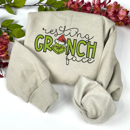 Resting Grinch Face Embroidered Sweatshirt