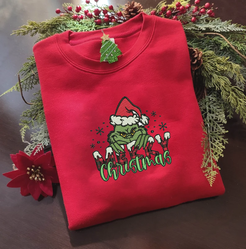 Grinch Merry Christmas Embroidered Sweatshirt