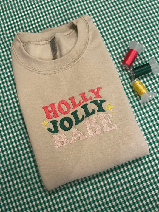 Holly Jolly Babe Embroidered Crewneck with custom coloured jumper